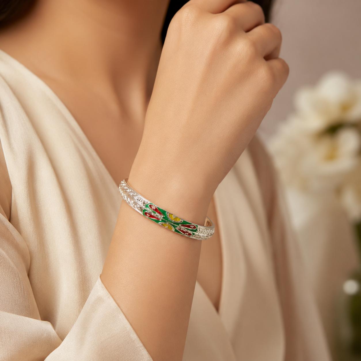 Sterling Silver Green Maroon Meenakari Manipuri Bangle Set for Women