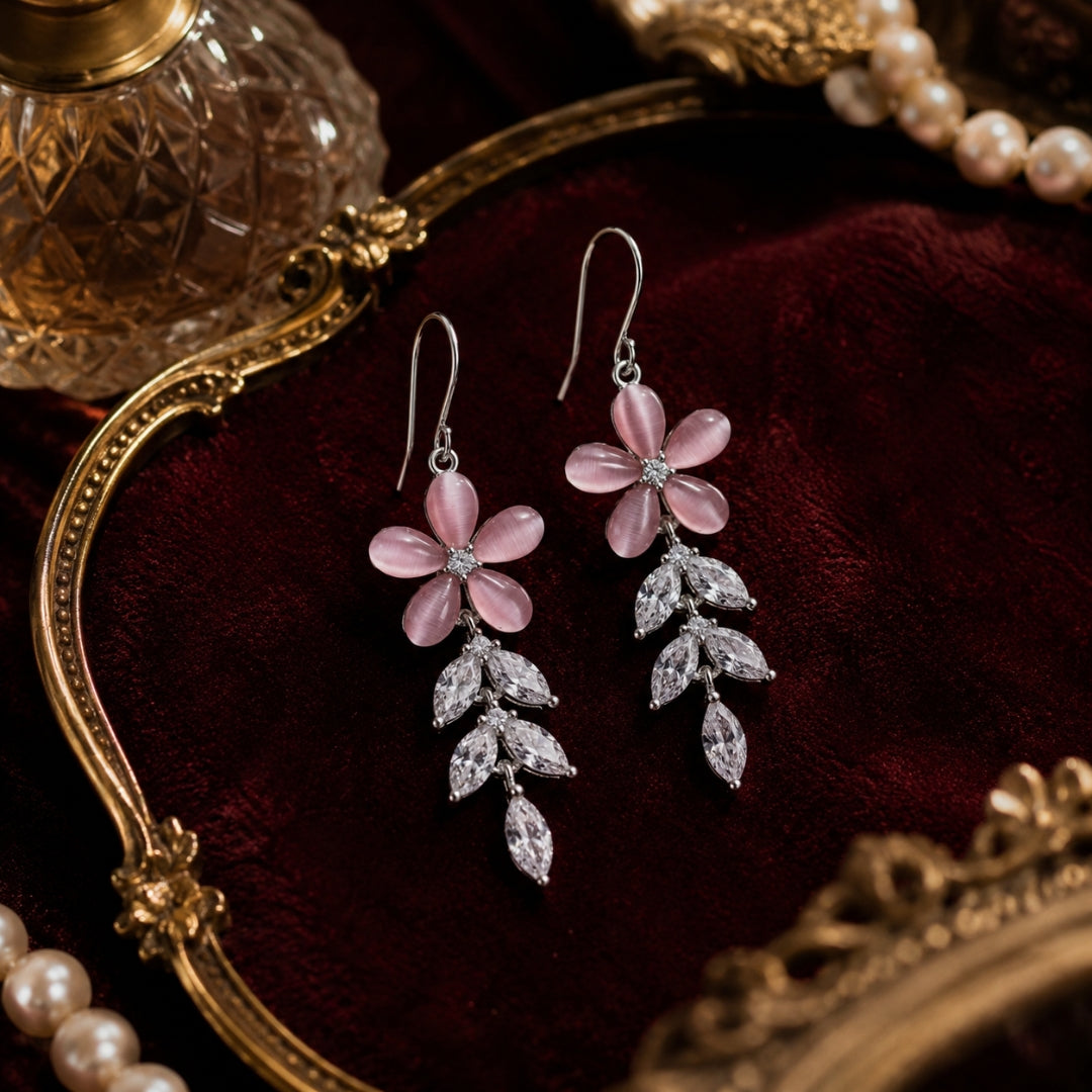 Sterling Silver Pink Floral CZ Leaf Dangler Earrings for Women