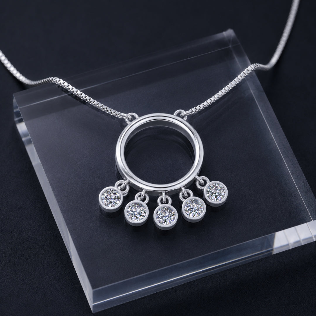 Sterling Silver Round Pendant Necklace with Dangling Stone Charms for Women & Girls