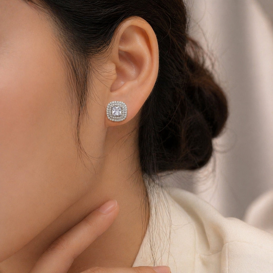Sterling Silver Square Halo Stud Earrings for Women