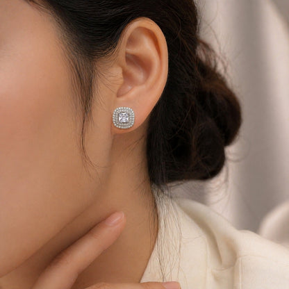 Sterling Silver Square Halo Stud Earrings for Women