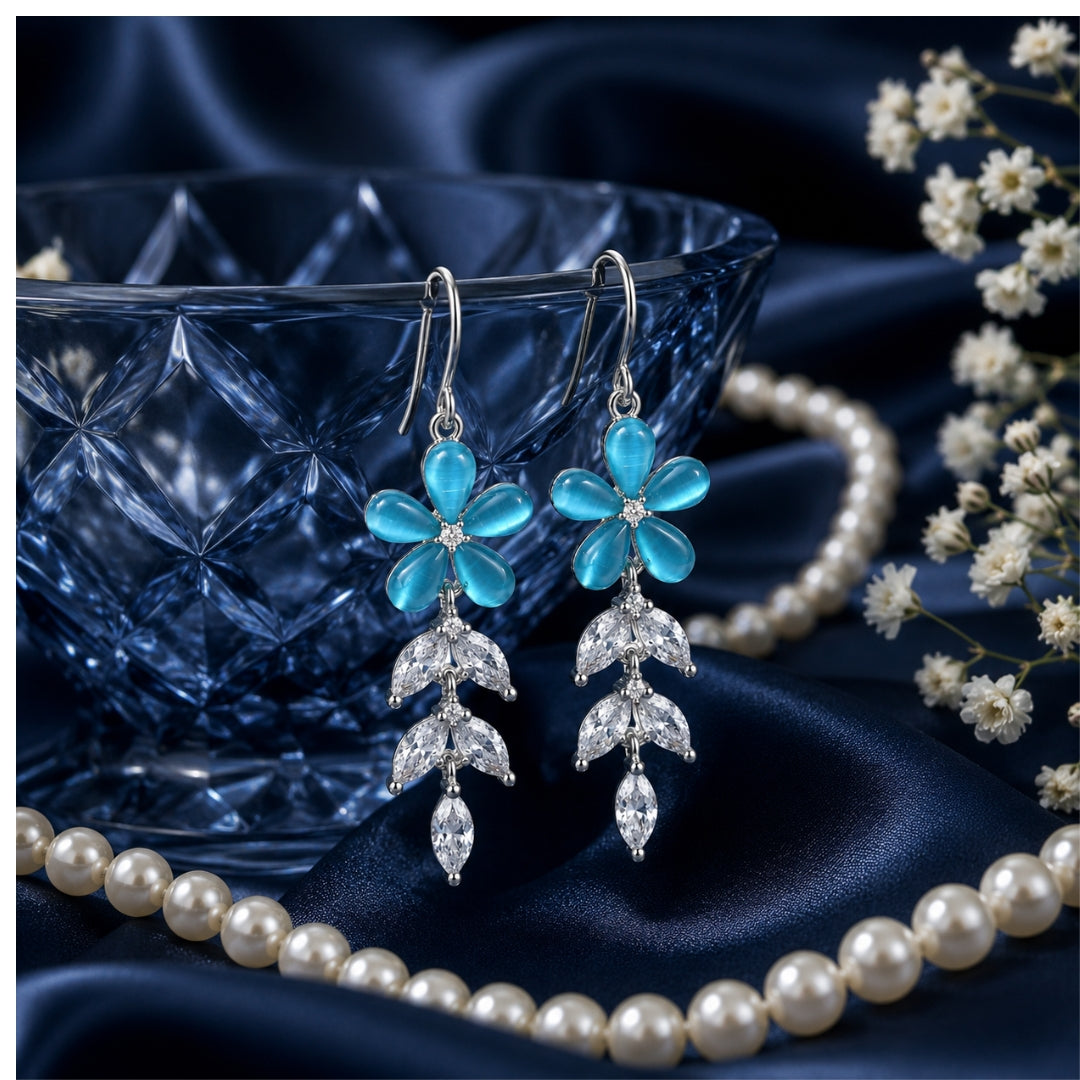 Sterling Silver Persian Blue Floral CZ Leaf Dangler Earrings for Women
