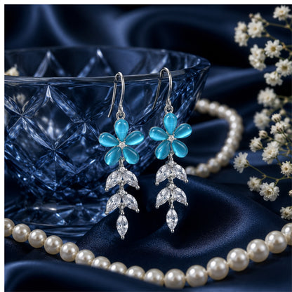 Sterling Silver Persian Blue Floral CZ Leaf Dangler Earrings for Women