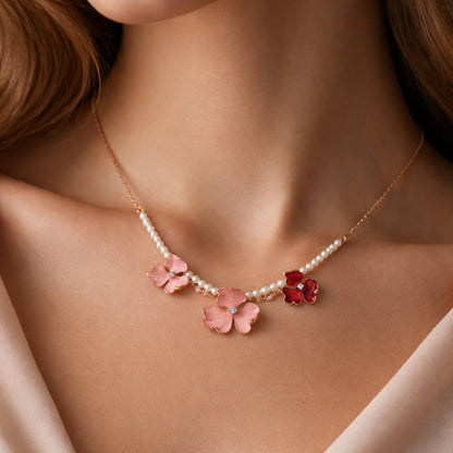 Sterling Silver Rosegold Plated Pink Floral Chain Pendant with Earrings Set for Women