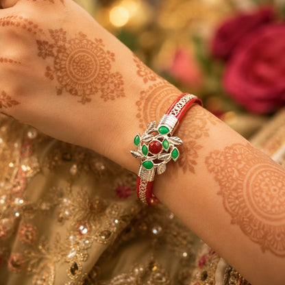 925 Sterling Silver Red Pola Bangle Pair with Green Leaf Motif for Women