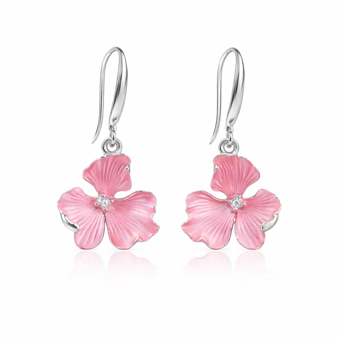 Sterling Silver Pink Floral Chain Pendant with Earrings Set for Women