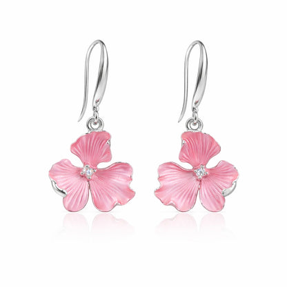 Sterling Silver Pink Floral Chain Pendant with Earrings Set for Women