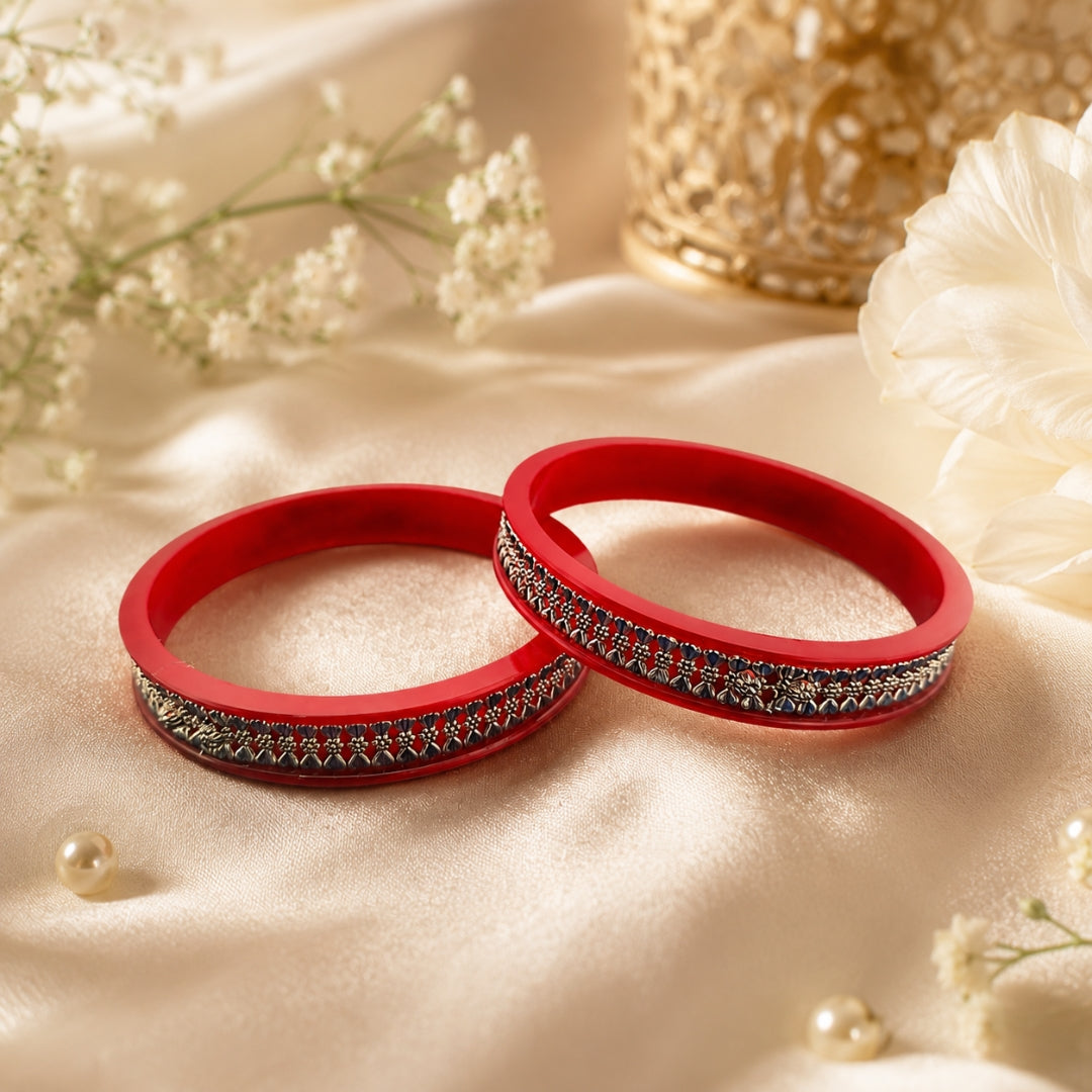 925 Sterling Silver Red Pola Bangle Pair with Floral Band Detailing for Women