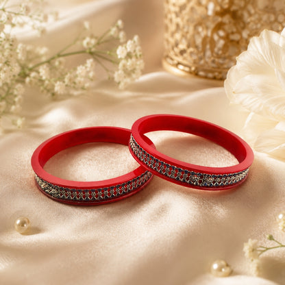 925 Sterling Silver Red Pola Bangle Pair with Floral Band Detailing for Women