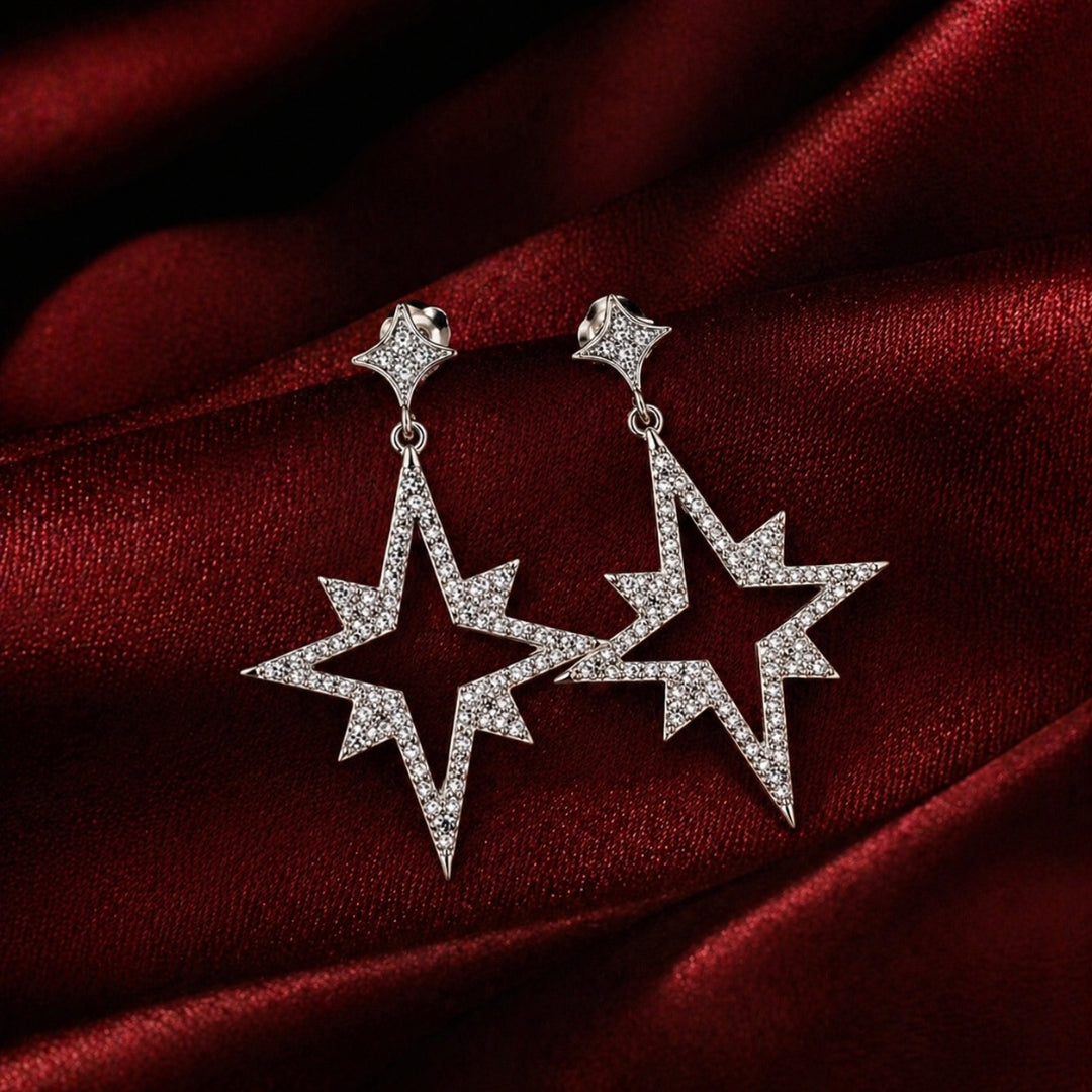 Sterling Silver Star Dangle Cubic Zirconia Earrings for Women
