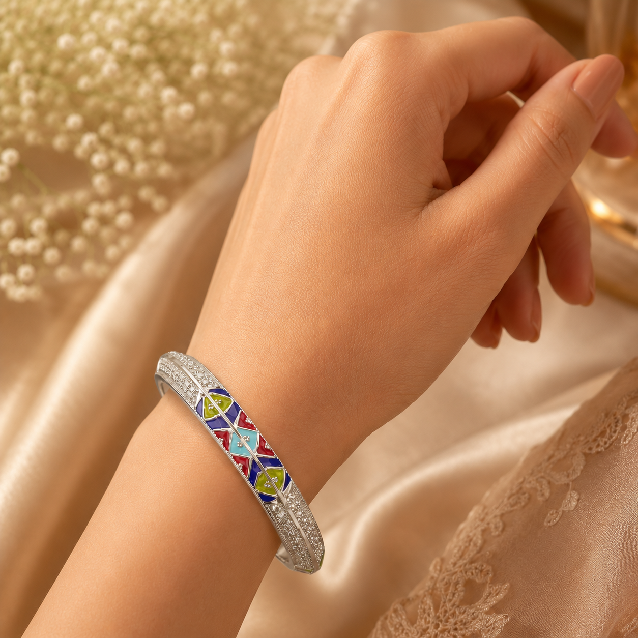 Sterling Silver Triangle Motif Meenakari Manipuri Bangle Set for Women