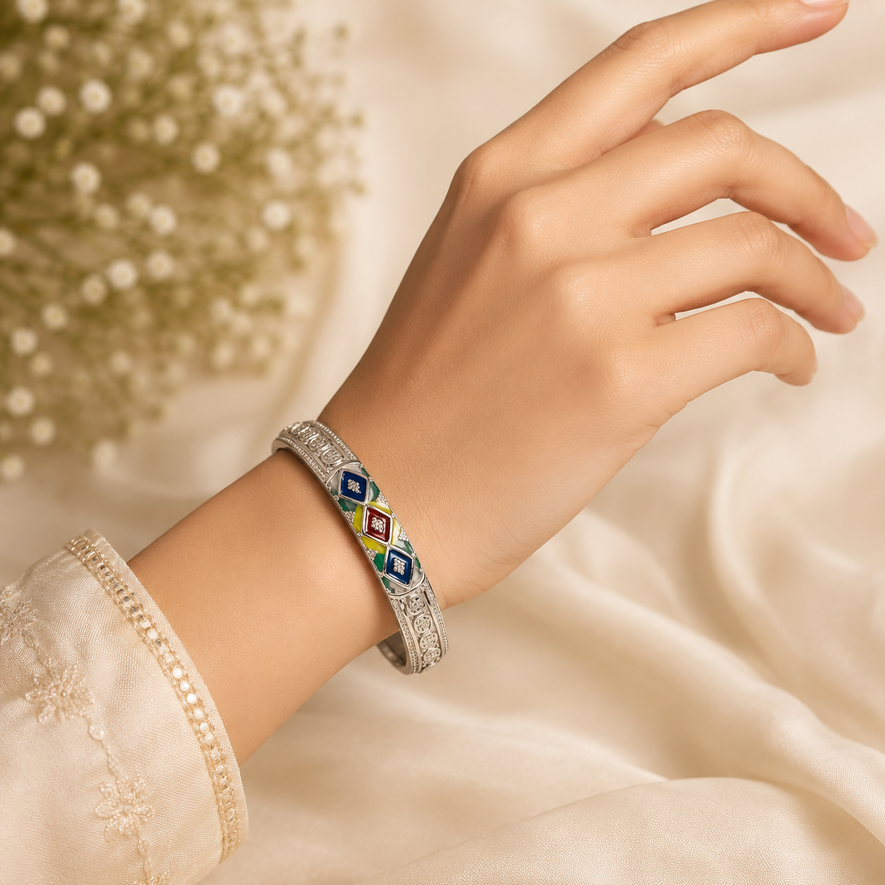 Sterling Silver Geometric Meenakari Manipuri Bangle Set for Women