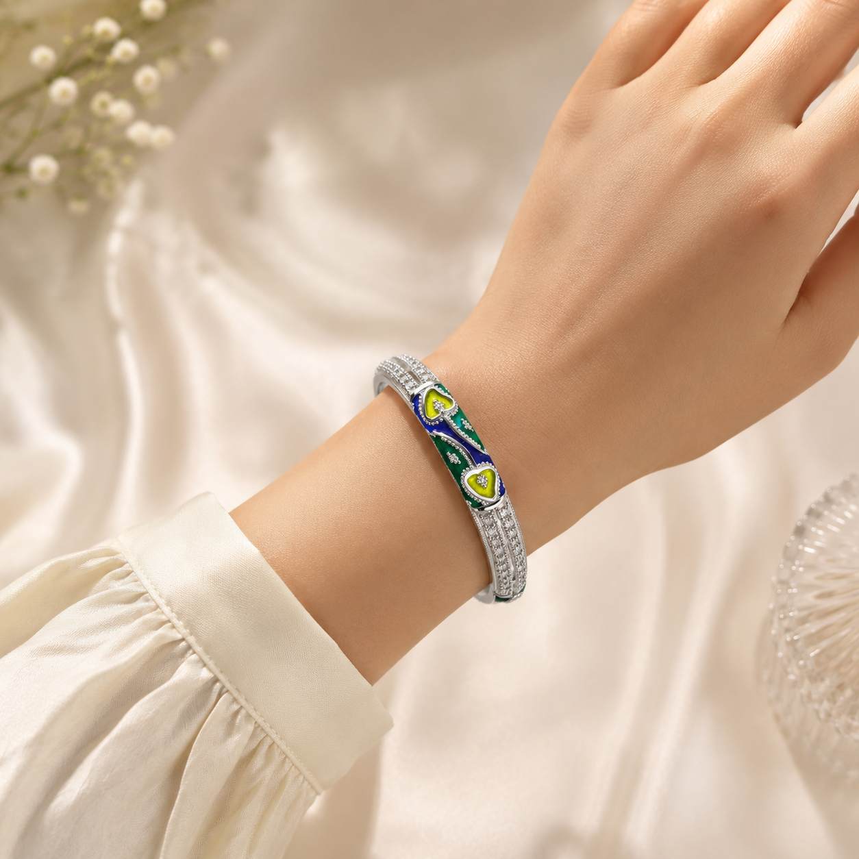 Sterling Silver Green Blue Vine Meenakari Manipuri Bangle Set for Women