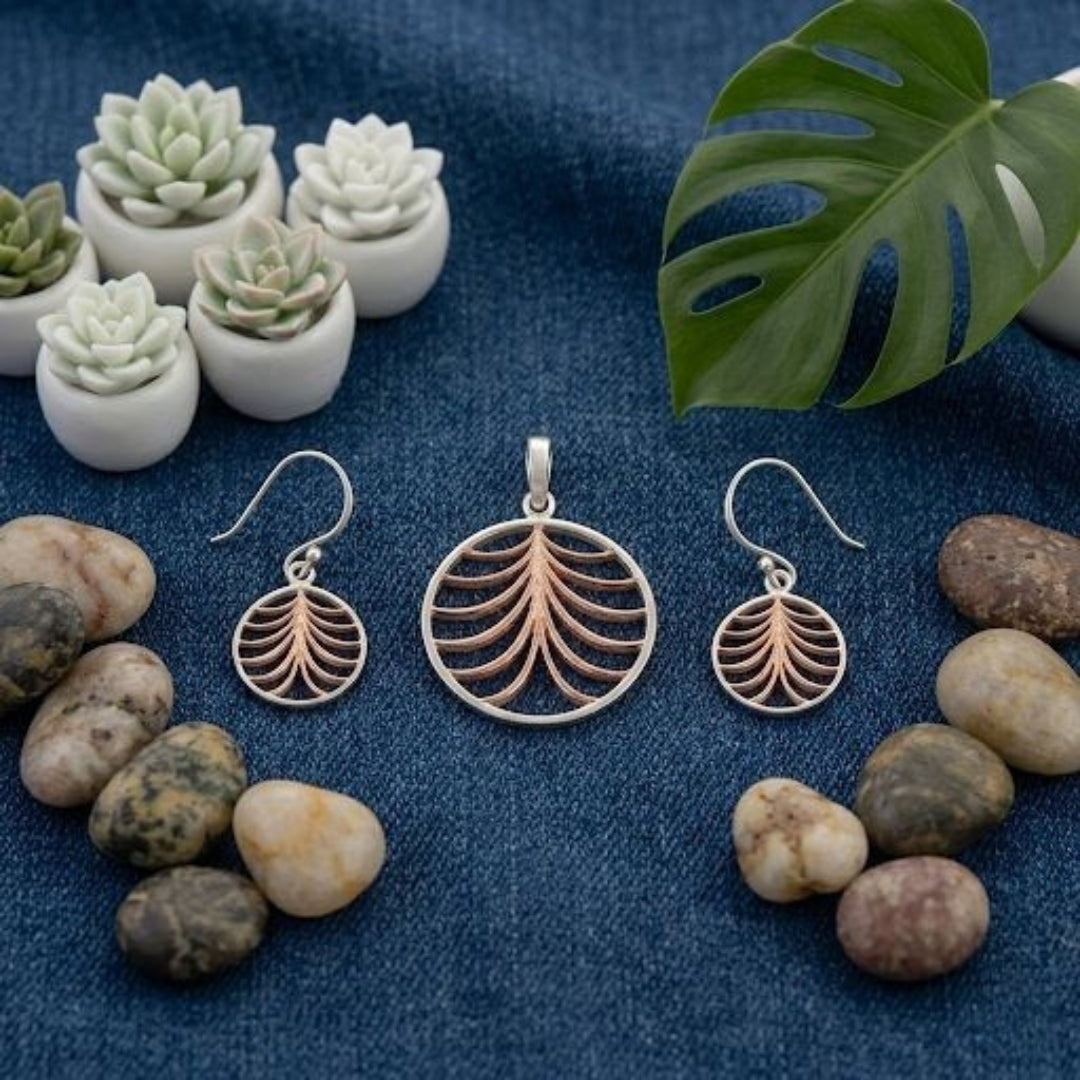 Sterling Silver Rose Gold Plated Leaf Design Pendant (Without Chain) with Matching Hook Earrings Set for Women & Girls