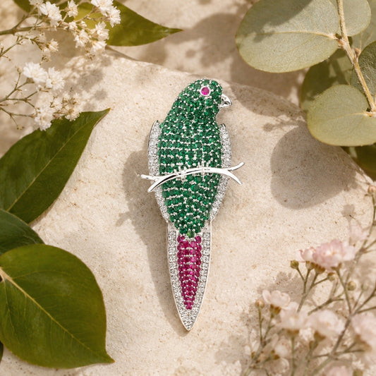 Sterling Silver Green Stone Studded Bird Brooch Cum Pendant for Men and Women