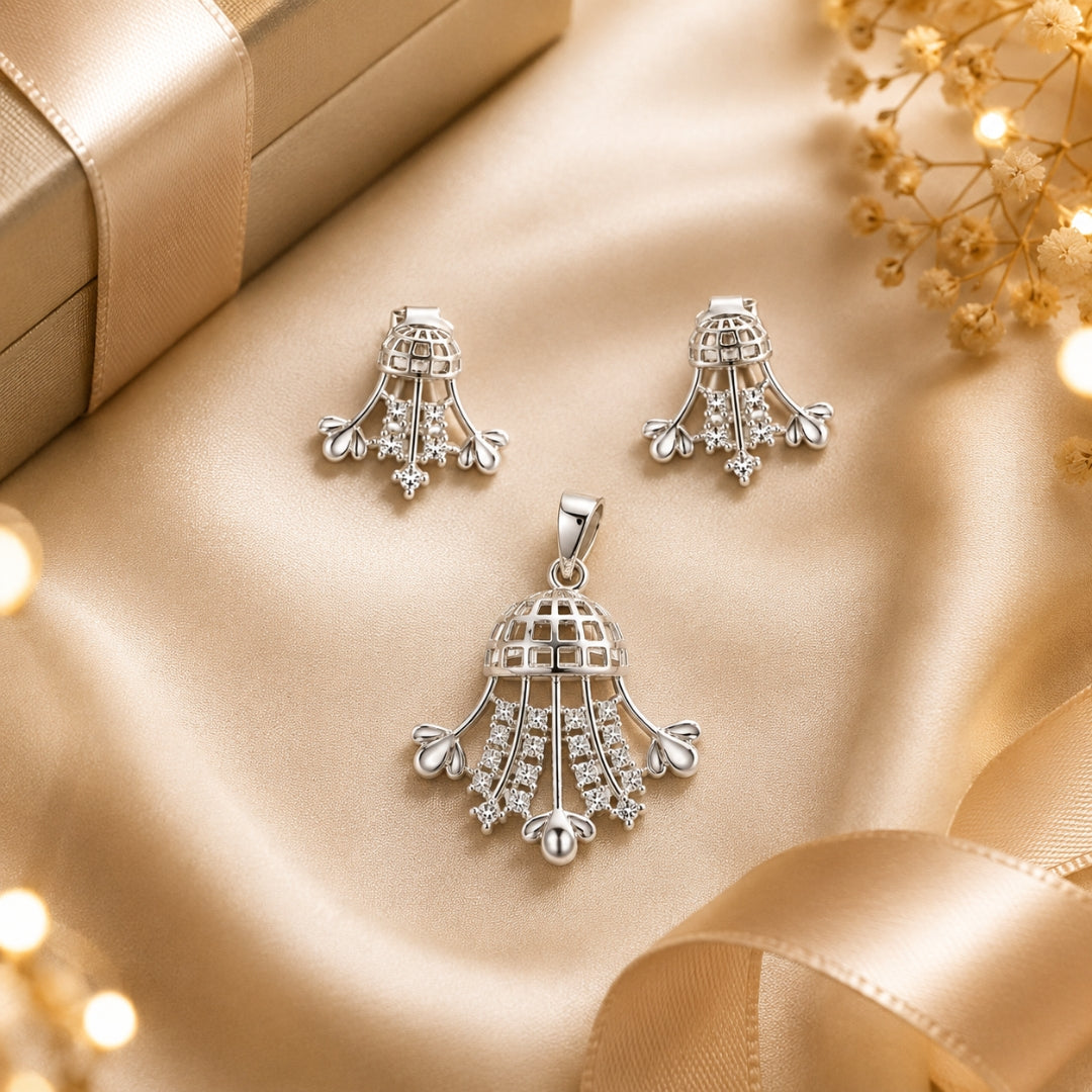 Sterling Silver Bell Motif Cubic Zirconia Pendant(without chain) with Matching Earring Set for Women and Girls
