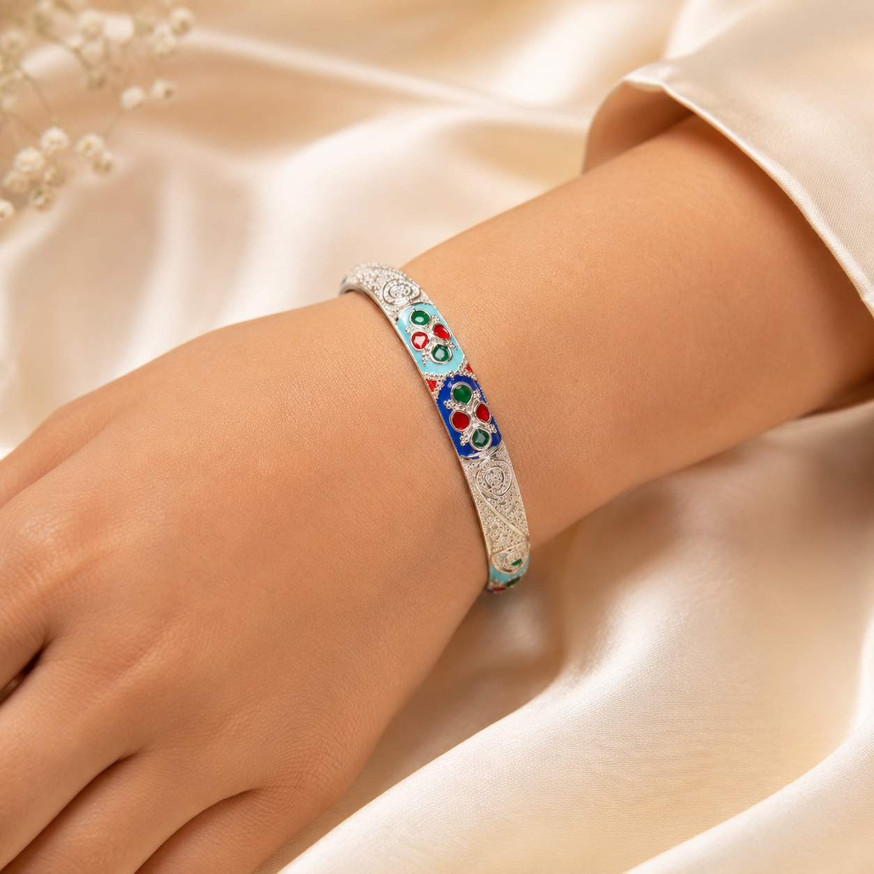Sterling Silver Sky Blue Floral Meenakari Manipuri Bangle Set for Women