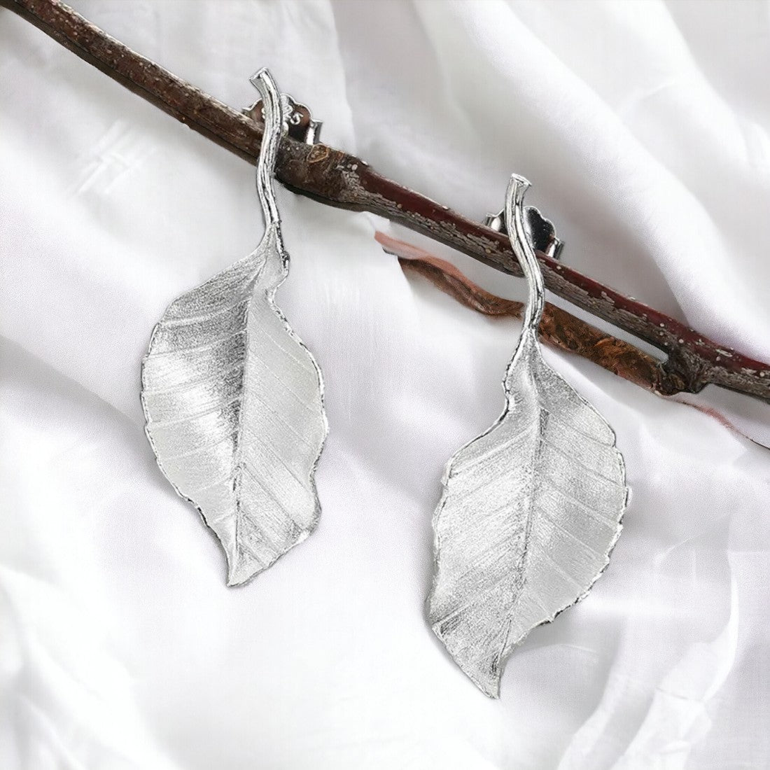 Sterling Silver Textured Leaf Drop Earrings For Women and Girls