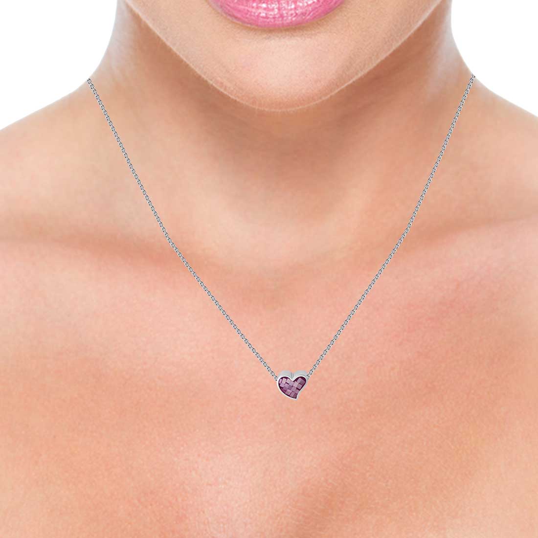 Silver Pink Heart Pendant With Chain For Women & Girls
