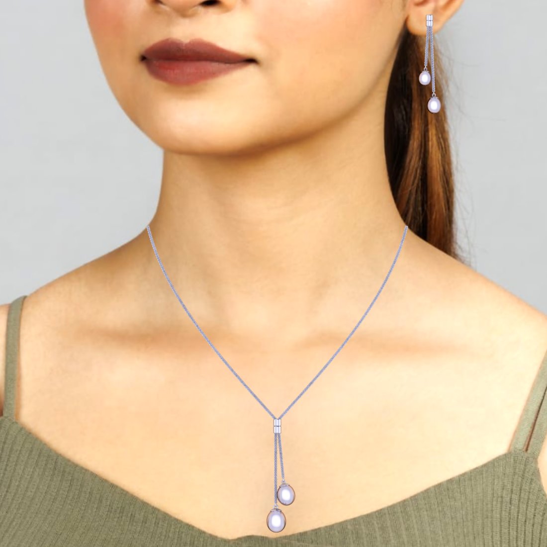 Sterling Silver Pearl Chain Pendant with Earrings set for Women and Girls