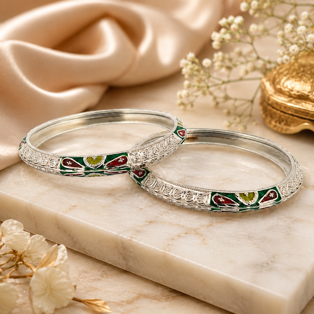 Sterling Silver Green Maroon Meenakari Manipuri Bangle Set for Women
