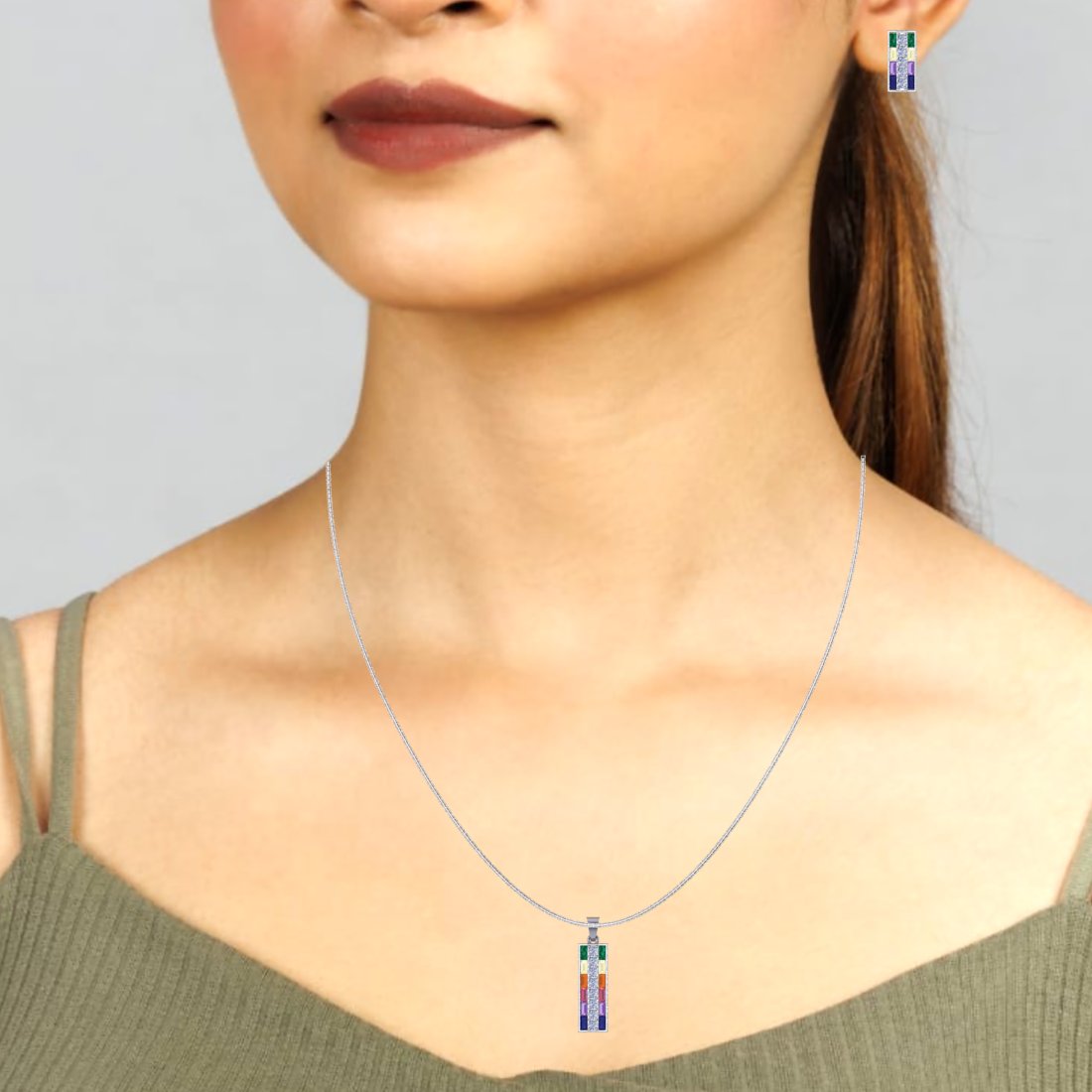 Sterling Silver Multicolor Stone Studded Pendant With Earrings Set for Women and Girls (Without Chain)