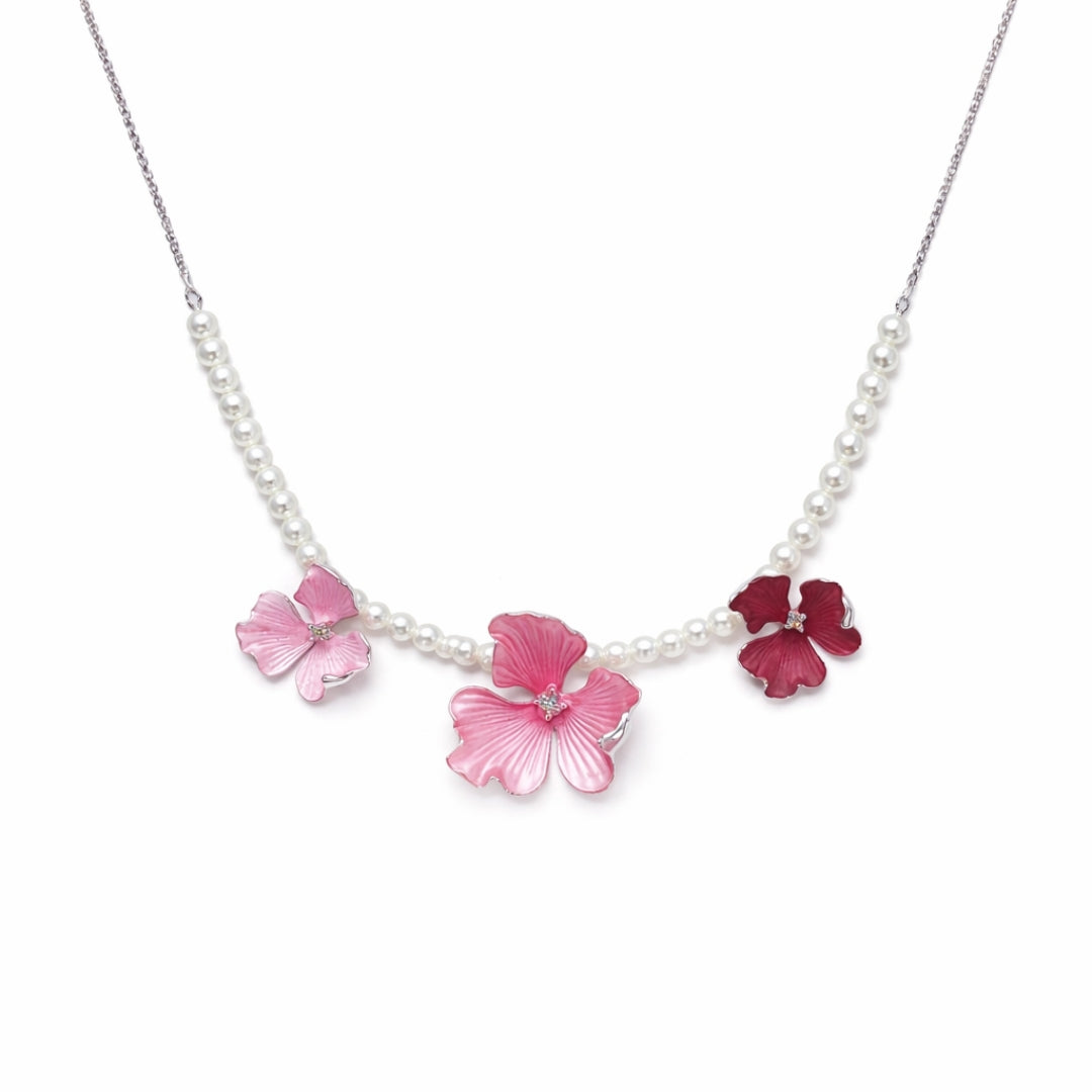 Sterling Silver Pink Floral Chain Pendant with Earrings Set for Women