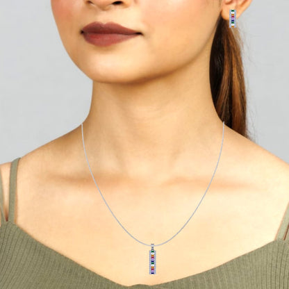 Sterling Silver Rainbow Stone Pendant with Earrings set for Women and Girls (Without Chain)