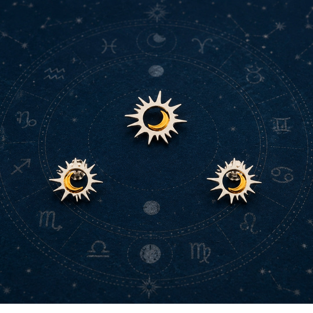 Sterling Silver Gold Plated Sun and Moon Pendant  (Without Chain) with Matching Earrings Set for Women & Girls