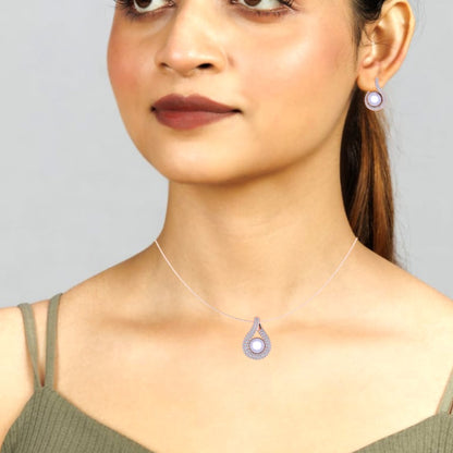 Rose Gold Tone Infinity Pearl Zircon Pendant Set with Chain & Earrings for Women & Girls