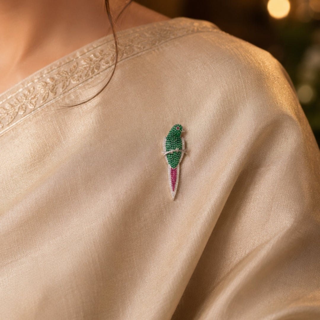 Sterling Silver Green Stone Studded Bird Brooch Cum Pendant for Men and Women