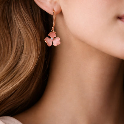 Sterling Silver Rosegold Plated Pink Floral Chain Pendant with Earrings Set for Women