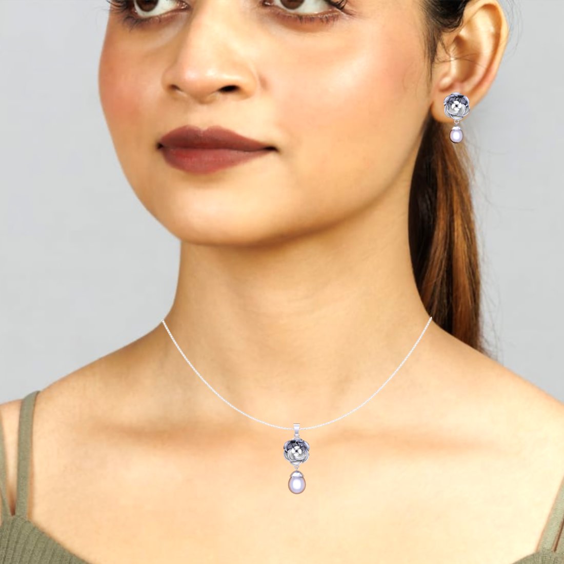 Sterling Silver floral pearl drop chain pendant with earrings for women and girls
