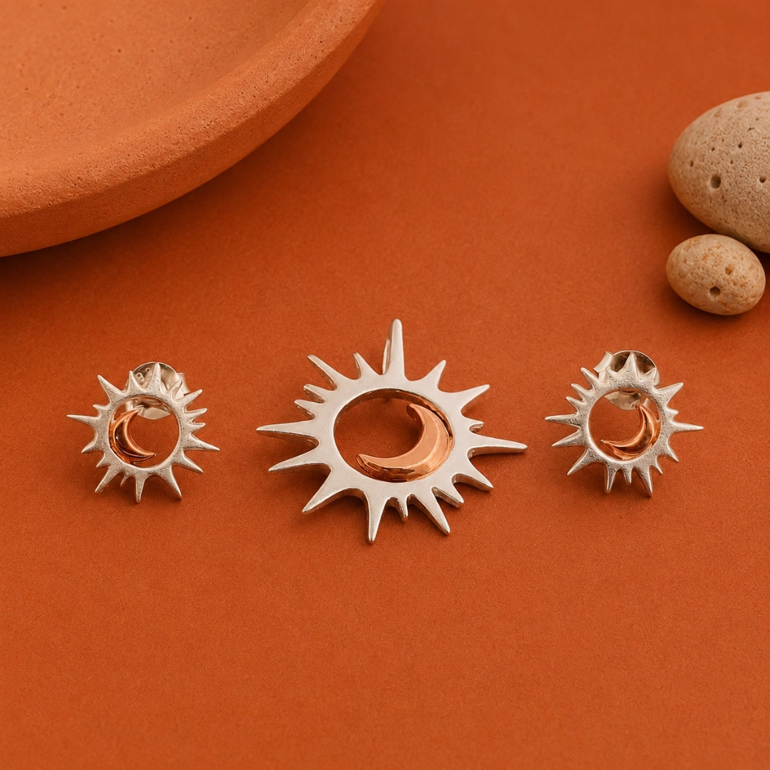 Sterling Silver Rose Gold Plated Sun and Moon Pendant  (Without Chain) with Matching Earrings Set for Women & Girls