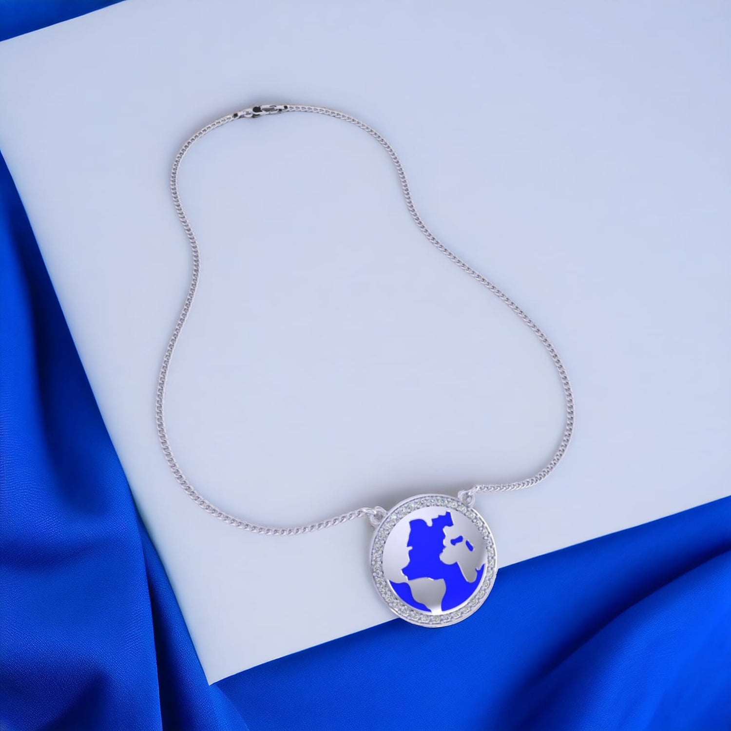 925 Sterling Silver Blue Globe Chain Pendant  for Women & Girls