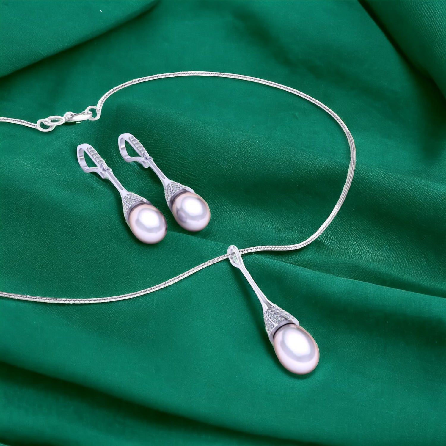 925 Sterling Silver Pearl Drop Pendant Set with Chain & Earrings for Women & Girls