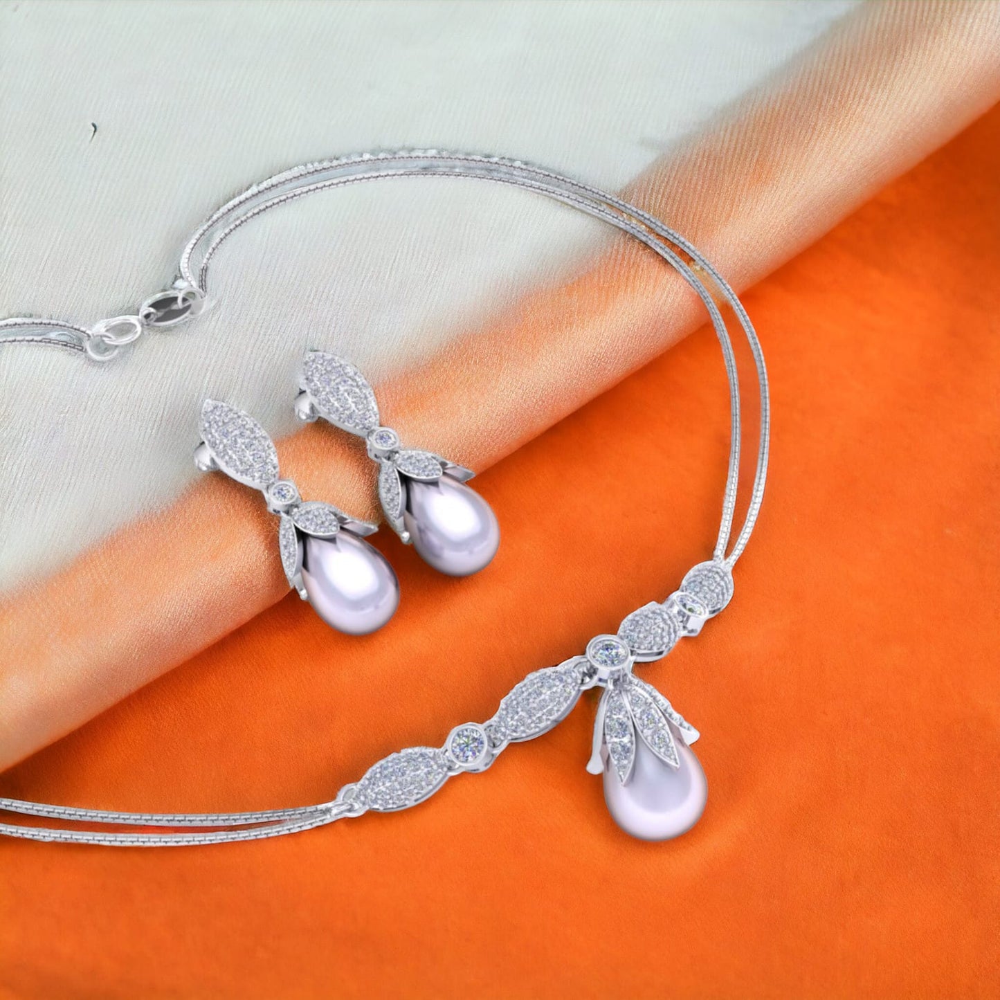 Sterling Silver Floral buds pearl chain pendant with earrings set for women and girls