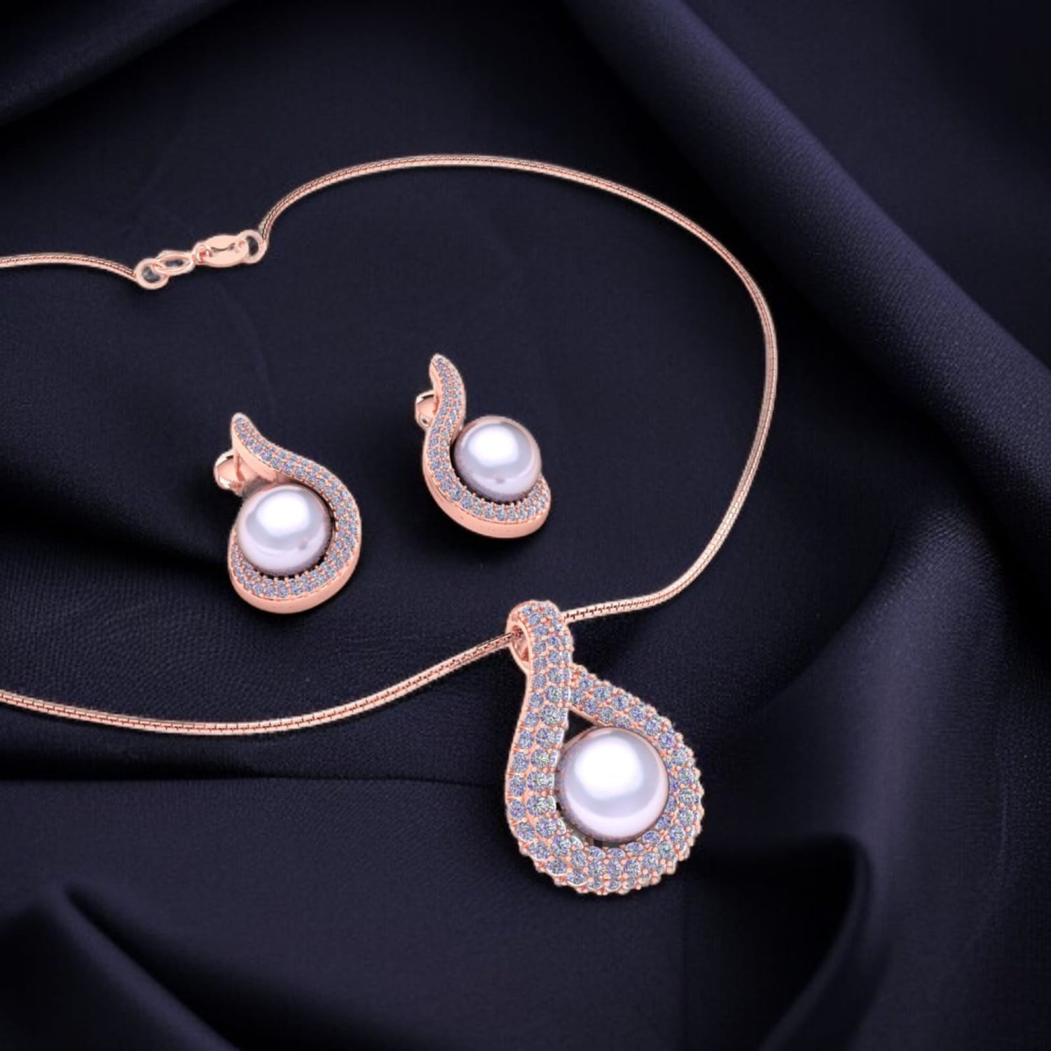 Rose Gold Tone Infinity Pearl Zircon Pendant Set with Chain & Earrings for Women & Girls