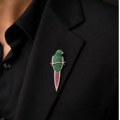 Sterling Silver Green Stone Studded Bird Brooch Cum Pendant for Men and Women
