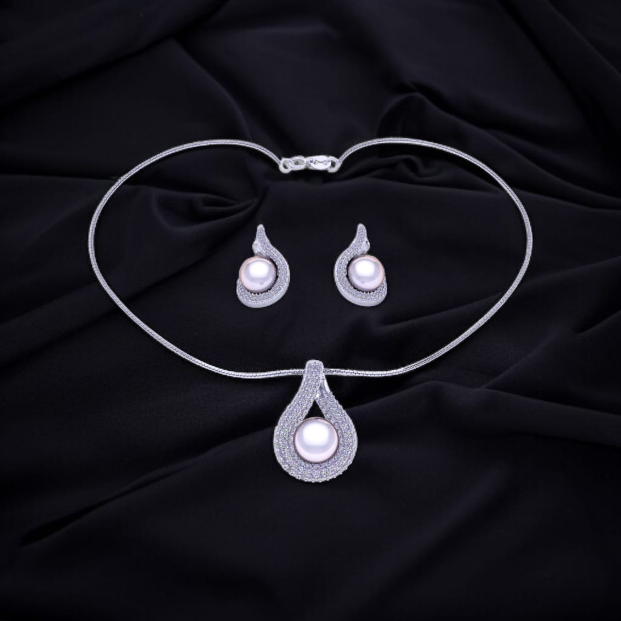 Infinity Pearl Zircon chain pendant with earrings for Women and girls (With chain)