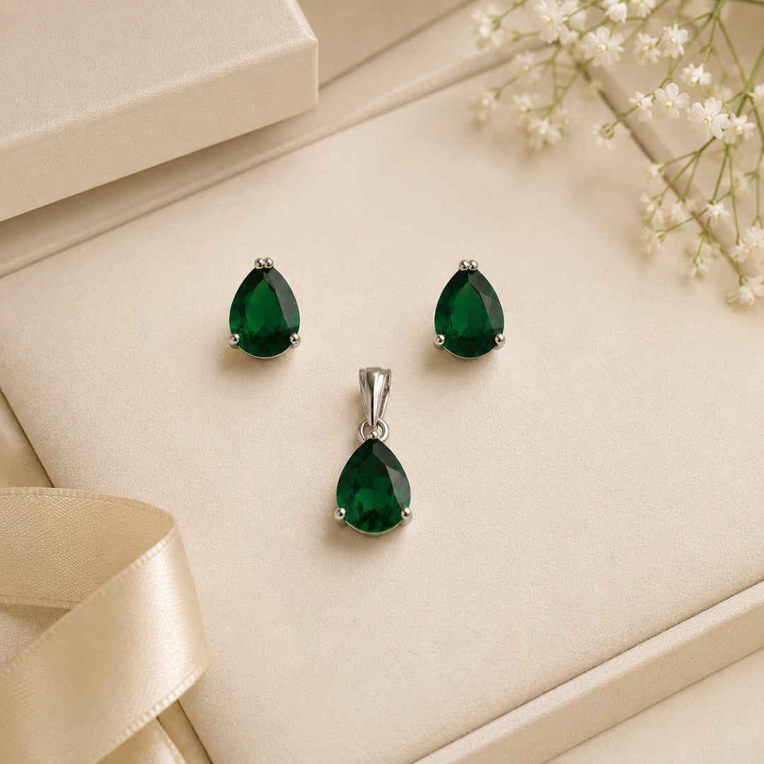Sterling Silver Green Teardrop Stone Pendant(without chain) with Matching Earring Set for Women and Girls