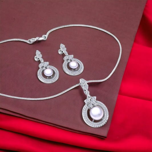 Sterling Silver Zircon studded pearl chain pendant with earrings set for women and girls