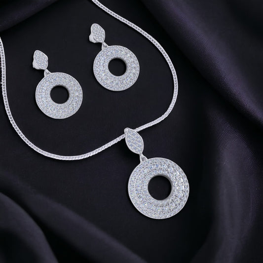 Sterling Silver Round Zircon Studded Pendant and earrings set for Women and Girls (Without Chain)