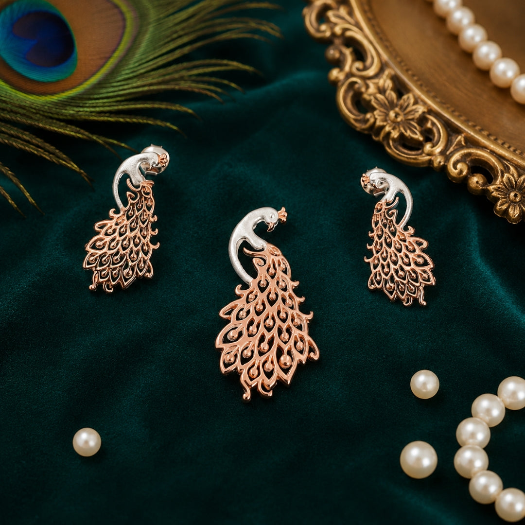 Sterling Silver Rose Gold Plated Peacock Pendant (Without Chain)with Matching Earrings Set for Women & Girls