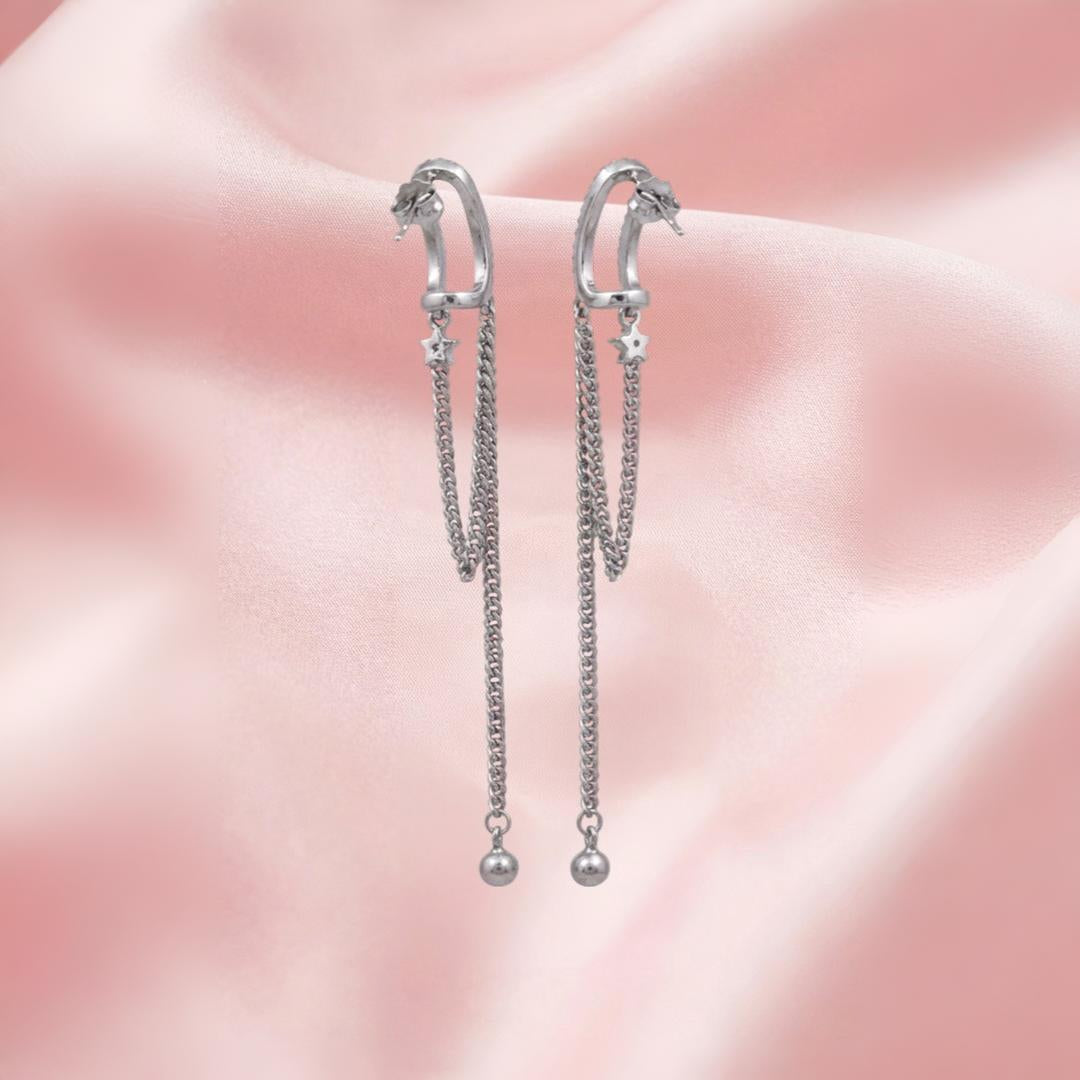 Sterling Silver Cubic Zirconia Star Chain Drop Earrings for Girls & Women