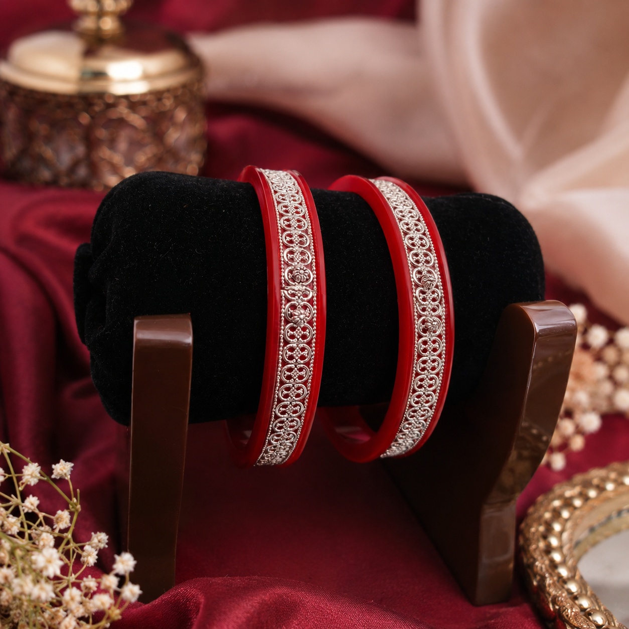 925 Sterling Silver Red Pola Bangle Pair with Filigree Detailing for Women
