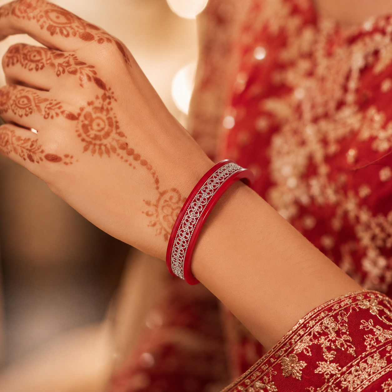 925 Sterling Silver Red Pola Bangle Pair with Filigree Detailing for Women