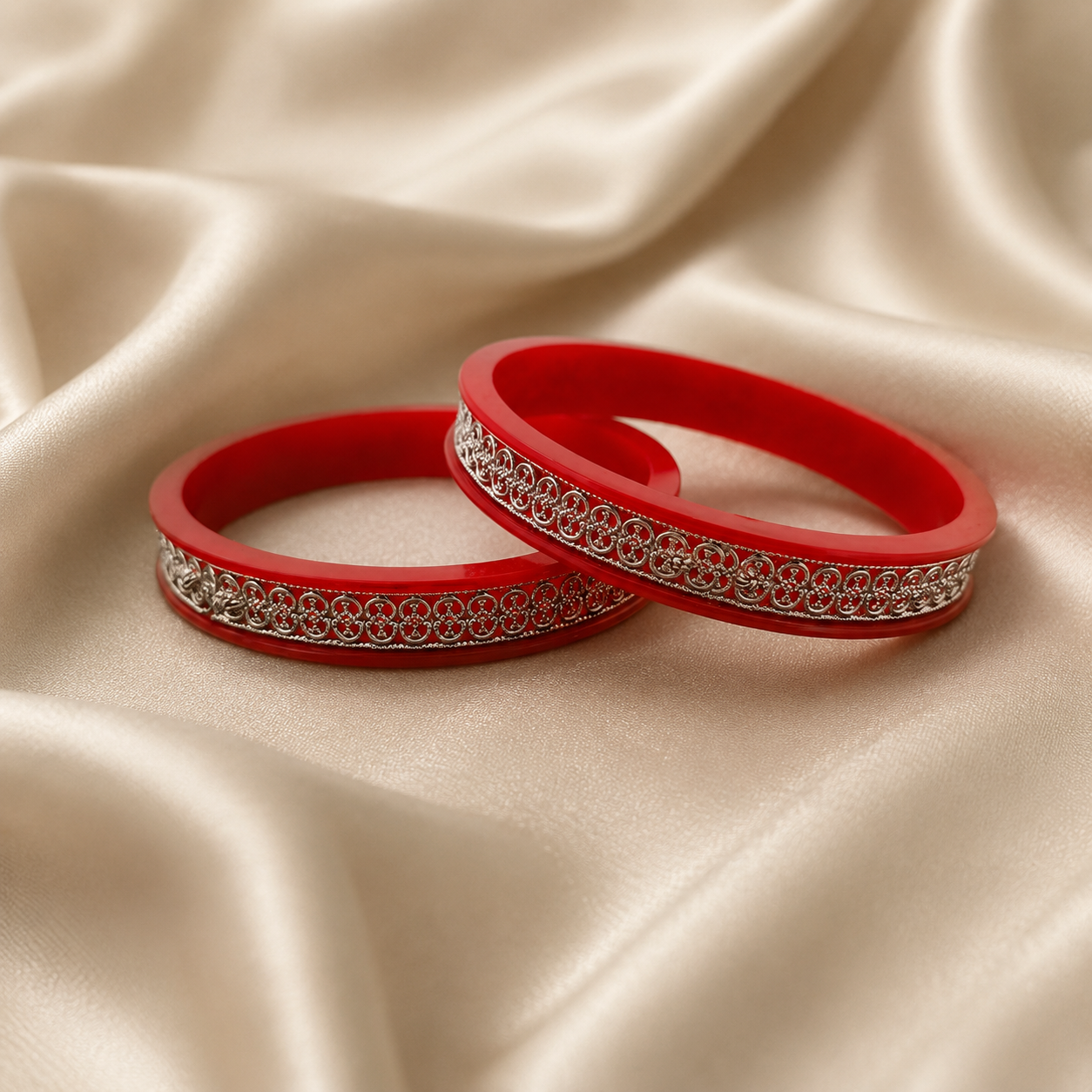 925 Sterling Silver Red Pola Bangle Pair with Filigree Detailing for Women