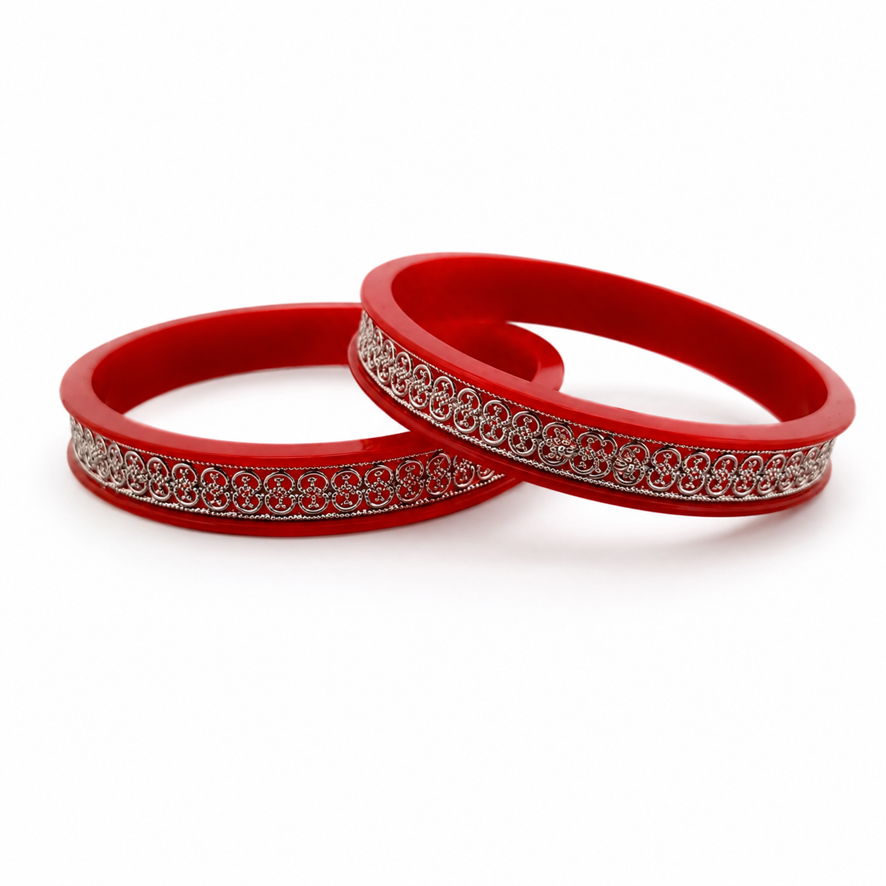 925 Sterling Silver Red Pola Bangle Pair with Filigree Detailing for Women