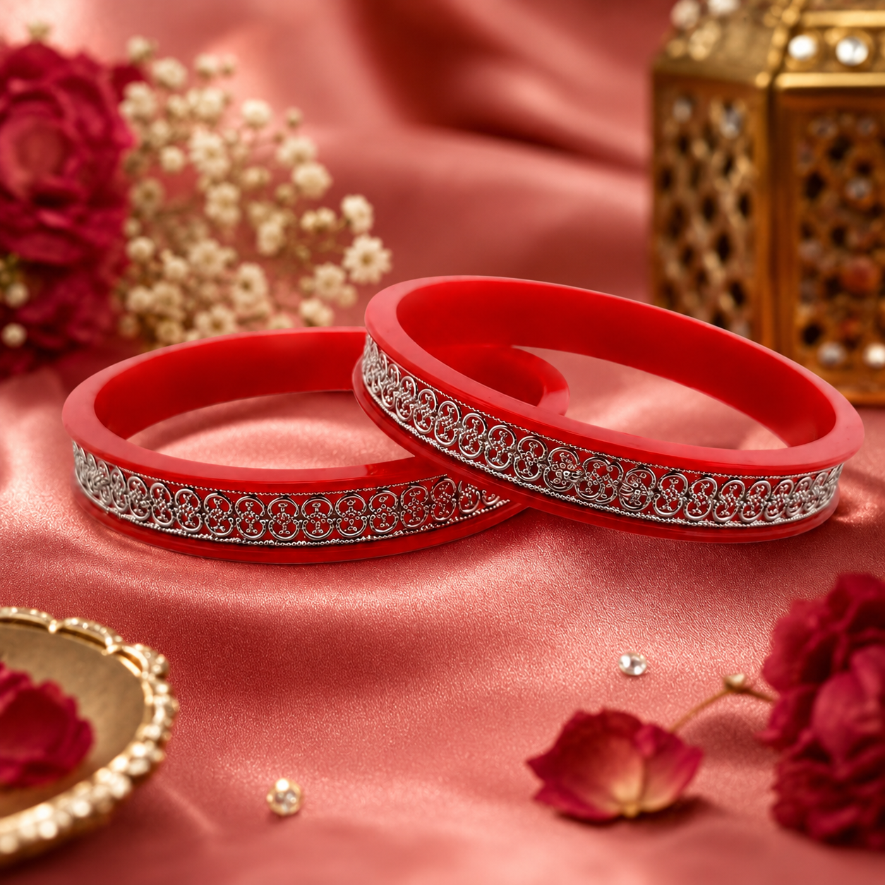 925 Sterling Silver Red Pola Bangle Pair with Filigree Detailing for Women